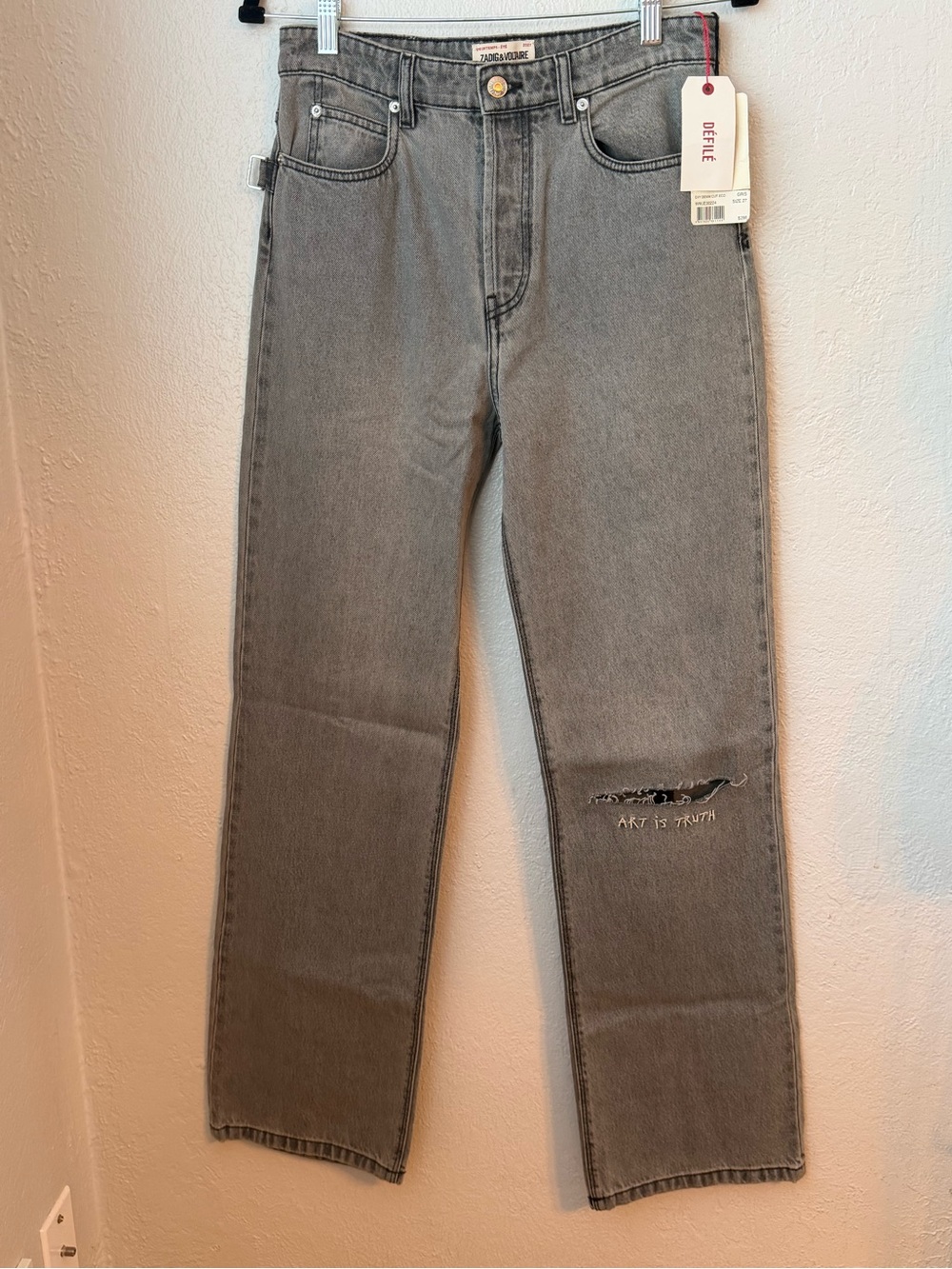 161~ NWT Zadig & Voltaire Grey Boot-Cut Jeans with Subtle Distress Sz 27